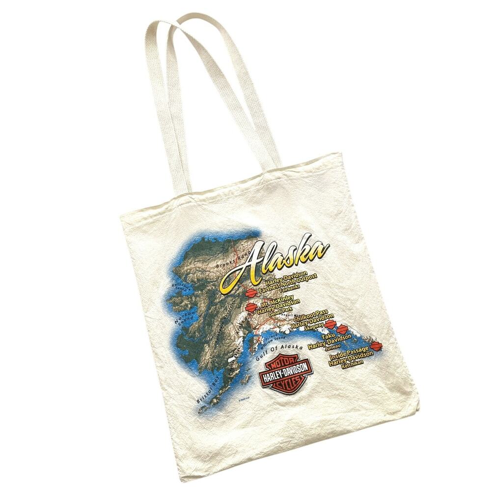 Vintage Harley-Davidson 2003 Alaska Map Cotton Tote Bag Made in USA Y2K Biker
